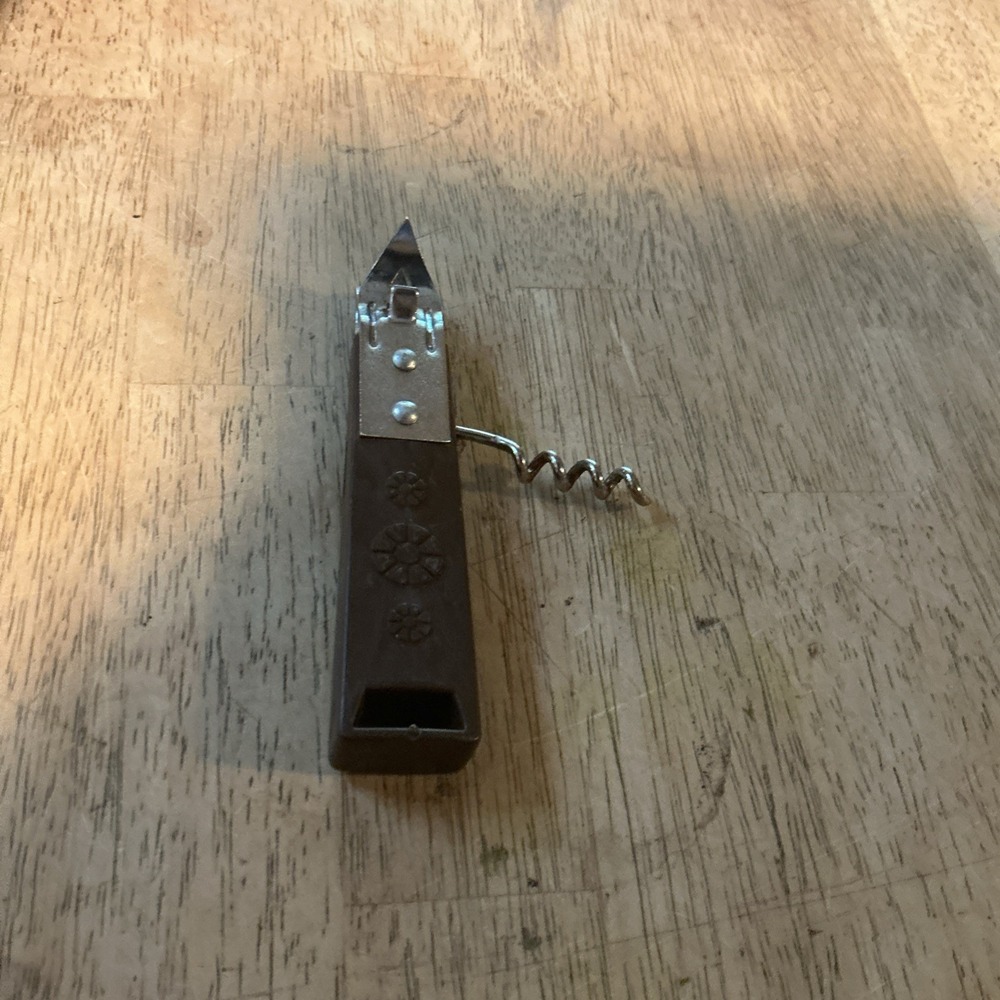 Vintage Travco Travel Corkscrew Bottle Can Opener Brown Retro Hong Kong Barware